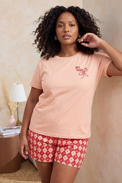 Trendyol Curve Σετ Πιτζάμες Πλεκτές με Σχέδιο Σολομό/Καρό σε Μεγάλο Μέγεθος T...