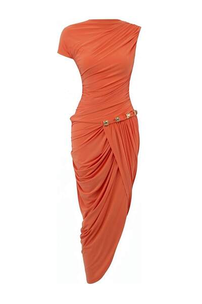 Συλλογή Trendyol Πορτοκαλί Φόρεμα με Λεπτομέρεια Αξεσουάρ και Επένδυση Midi T...