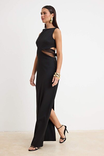 Συλλογή Trendyol Μαύρο ίσιο υφαντό Finike Maxi βραδινό φόρεμα & φόρεμα επιστρ...