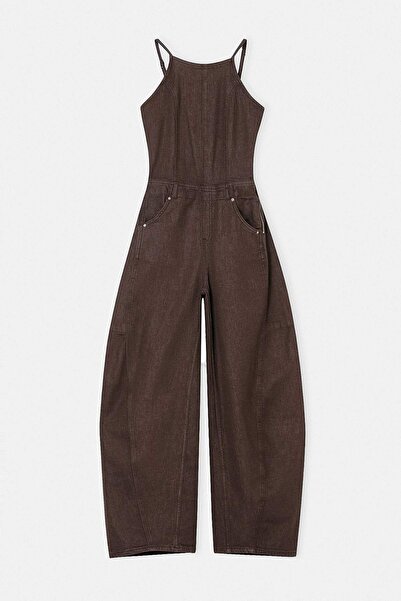 Συλλογή Trendyol Καφέ τζιν ολόσωμη φόρμα με λεπτές τιράντες και ελαφρώς ελαστ...