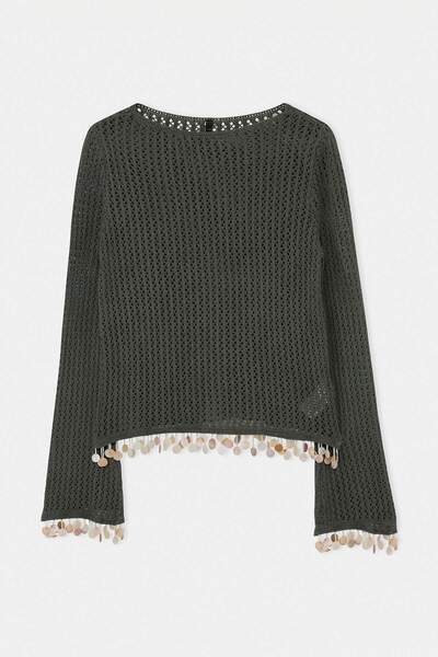 Συλλογή Trendyol Χακί πουλόβερ πλεκτό με λεπτομέρεια από πέτρα στο τελείωμα τ...