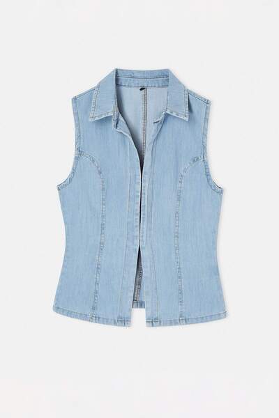 Συλλογή Trendyol Ανοιχτό μπλε τζιν μπλούζα χωρίς μανίκια με λεπτομέρεια ραφής...