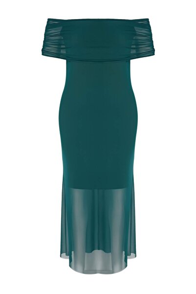 Trendyol Curve Σμαραγδένιο πλεκτό φόρεμα Carmen Yaka Τούλι σε μεγάλο μέγεθος ...