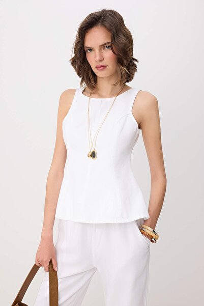 Συλλογή Trendyol Λευκή μπλούζα τζιν με τιράντες και πεπλάμ, 100% βαμβάκι TWOS...