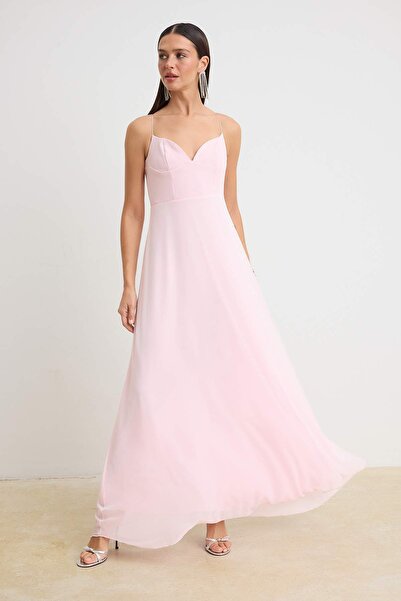Συλλογή Trendyol Ροζ ίσιο υφαντό μάξι βραδινό φόρεμα & φόρεμα επιστροφής στο ...