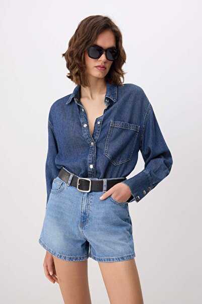 Trendyol Collection Blue High Waist 100% Cotton Denim City Shorts Twoss26Sr00050