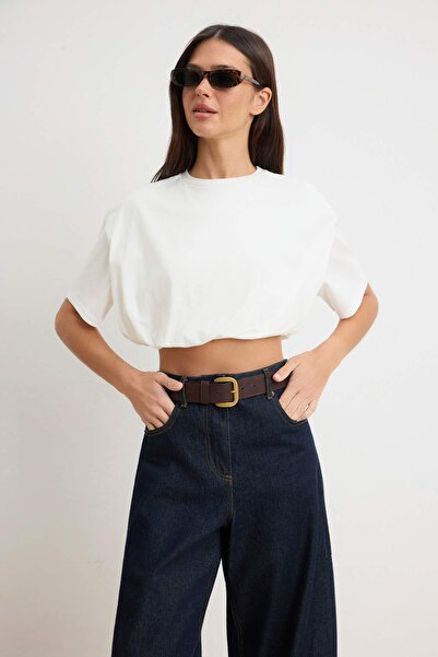 Συλλογή Trendyol Εκρού Μπλουζάκι με κοντό μανίκι και κορδόνι περίσφιξης, 100%...