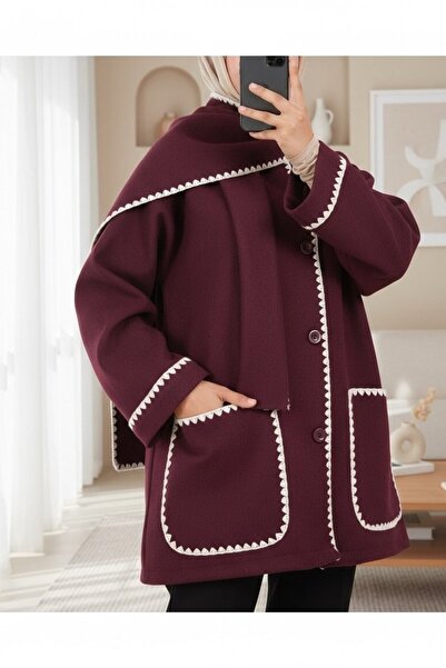 Modamorfo Buttoned Front Scarf Pocket Jacket - Burgundy