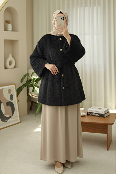 Modamorfo Fur Jacket with Lining and Drawstring Waist - Black