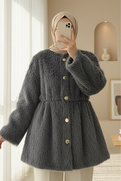 Modamorfo Γούνινο μπουφάν με επένδυση και κορδόνι στη μέση - καπνιστό