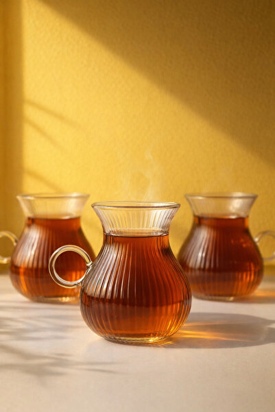 Maloria Torino Borosilicate Striped Ring Handle Tea Cup |   6 Pieces - 200ml