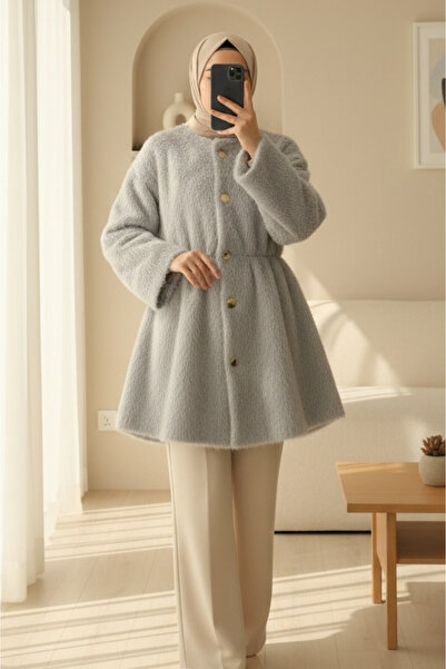 Modamorfo Γούνινο μπουφάν με επένδυση και κορδόνι στη μέση - ανοιχτό γκρι