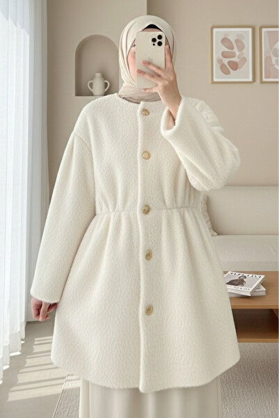 Modamorfo Γούνινο μπουφάν με επένδυση και κορδόνι στη μέση - κρεμ