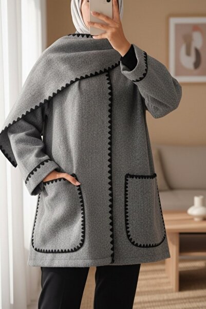 Modamorfo Buttoned Front Scarf Pocket Jacket -Grey