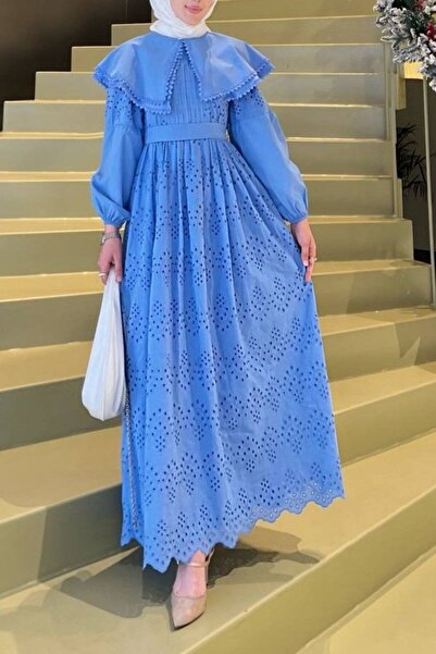 Modamorfo Blue Lace Detail Cape Collar Dress