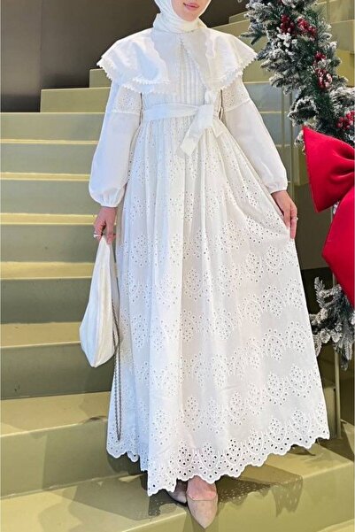 Modamorfo Φόρεμα με δαντέλα με γιακά μανδύα - Λευκό