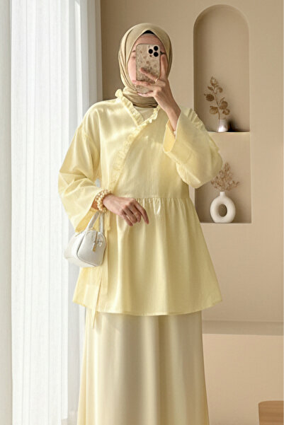 Modamorfo Λινό κιμονό με βολάν στο γιακά και δέσιμο στο πλάι - ανοιχτό κίτρινο