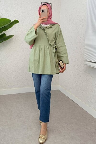 HİJABAYA Λινό κιμονό με βολάν στο γιακά και δέσιμο στο πλάι - μέντα