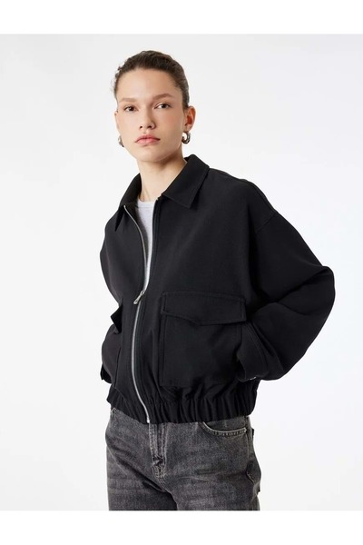Koton Kadın Giyim Uzun Kollu Cepli Fermuarlı Gabardin Crop Bomber Ceket SİYAH