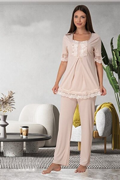 Effort Pijama Σετ πιτζάμες εγκυμοσύνης με κουμπιά γυναικεία δαντέλα βιζόν Effort