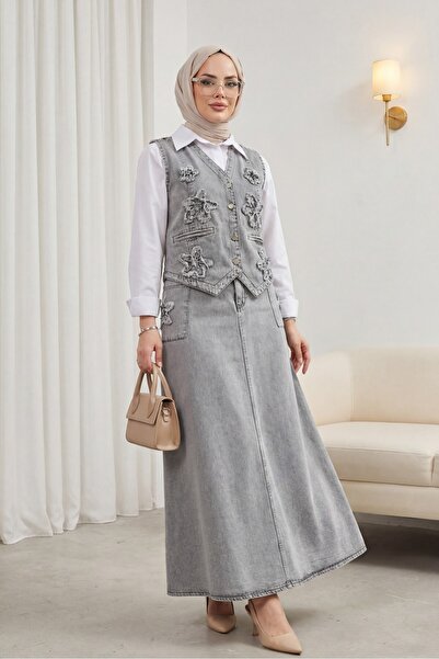 Modamorfo Φούστα με σχέδιο με ελαστική μέση Φούστα γιλέκο Τζιν Σετ -Γκρι