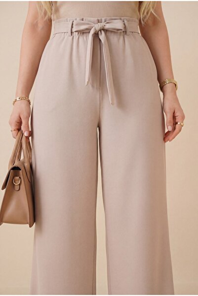 Modamorfo Double Fabric Wide Leg Trousers with Belt -Beige