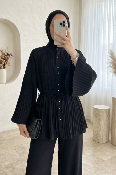 Modamorfo Πλισέ Κοστούμι Κρεπ με Κουμπιά στο Γιακά - μαύρο