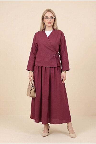 Modamorfo Linen Look Suit with Side Tie Skirt - Burgundy