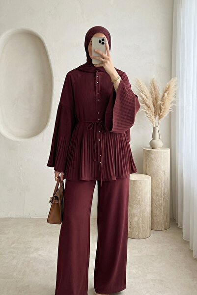 Modamorfo Πλισέ Κοστούμι Κρεπ με Κουμπιά στο Γιακά - μπορντό