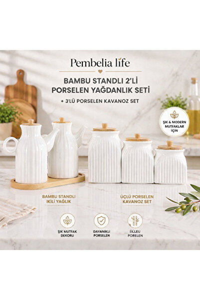 Kitchen Pembelia 2’li Set 6 Parça Bambu Standlı Papatya Porselen 1000ml Yağda...