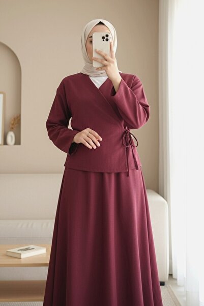 Modamorfo Λινό Σετ με Φούστα με Πλαϊνές Δεσίματα - μπορντό