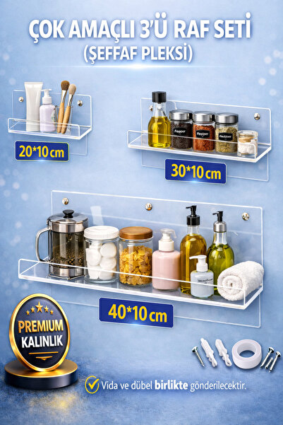 Dizaynhome 3'LÜ RAF SETİ - ÇOK AMAÇLI ŞEFFAF PLEKSİ (20-30-40 CM)
