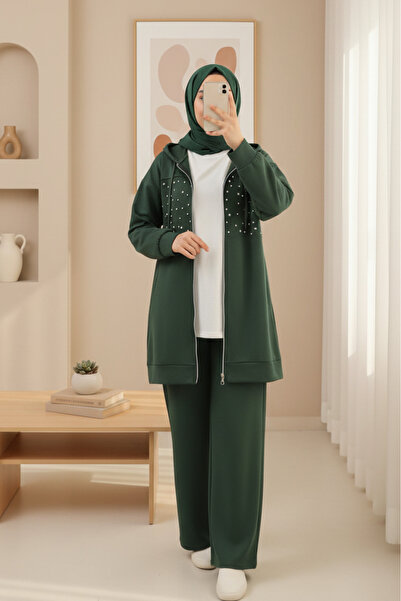 Modamorfo Hooded Zippered Oyhso Set with Pearl and Stone Detail on the Front ...
