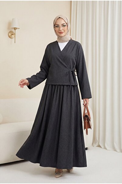 Modamorfo Linen Suit with Lace-Up Front Skirt - Anthracite