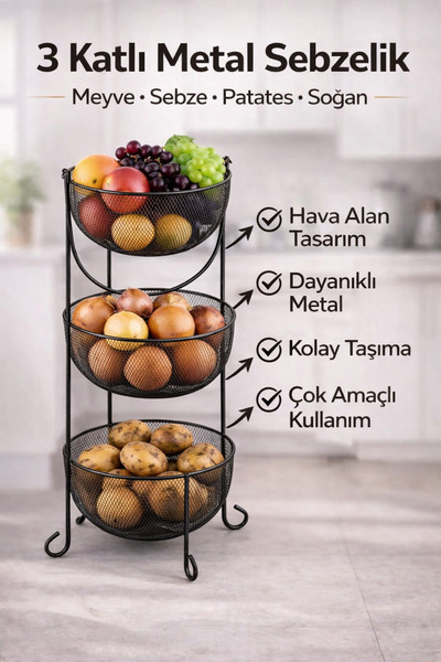 ANGDESİGN Aleyna Siyah 3 Katlı • Sebzelik Meyvelik Soğan Patates Sepeti Mutfa...