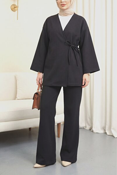 Modamorfo Σετ Κιμονό Σελανίκου με χιαστί δέσιμο - μαύρο