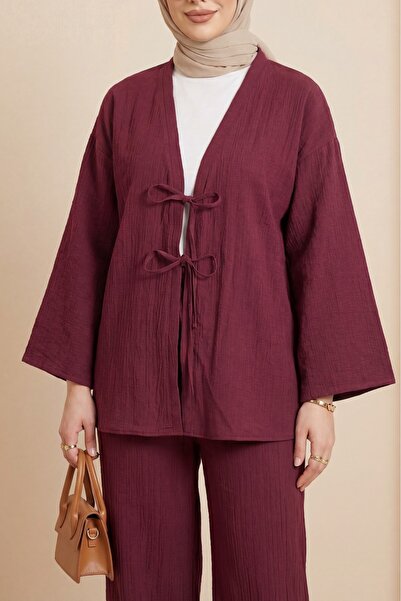 Modamorfo Σετ με διπλό δεμένο παντελόνι και τσαλακωτό παντελόνι -μπορντό