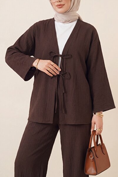 Modamorfo Σετ με διπλό δαντελωτό παντελόνι και τσαλακωτό παντελόνι - καφέ