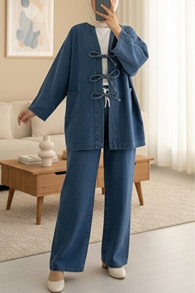 Modamorfo Σετ κιμονό τζιν με παντελόνι με τσέπες που δένονται μπροστά - Σκούρ...