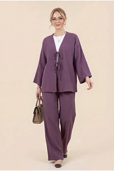 Modamorfo Σετ με διπλό δεμένο παντελόνι και τσαλακωτό παντελόνι - δαμασκηνί