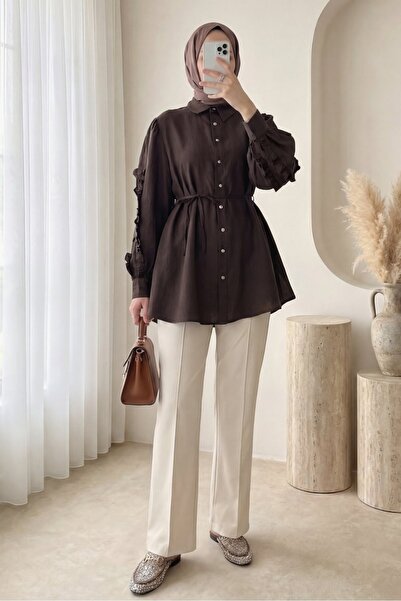 Modamorfo Πουκάμισο με βολάν στα μανίκια, πέτρινα κουμπιά και δέσιμο -k. Καφέ