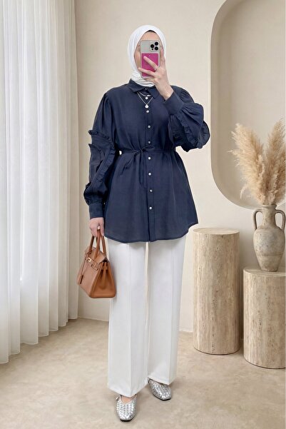 Modamorfo Πουκάμισο με βολάν στα μανίκια, πέτρινα κουμπιά και δέσιμο - μπλε ν...