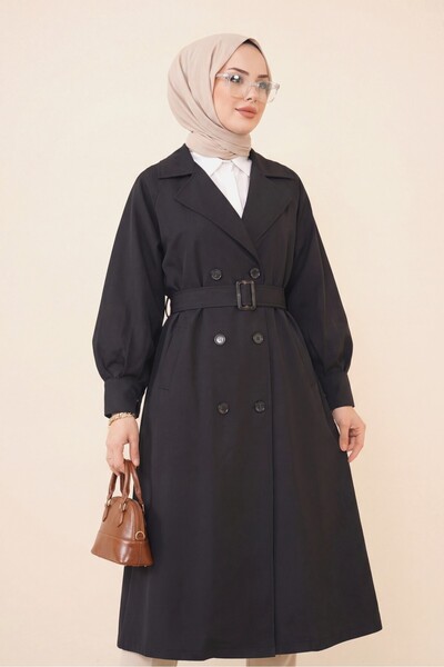 Modamorfo Καμπαρντίνα με μπαλόνι μανίκι αγκράφα Ζώνη πλαϊνές τσέπες -μαύρο