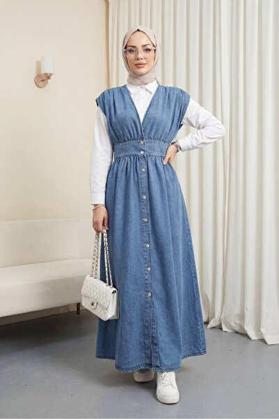 Modamorfo Τζιν μπλουζάκι με κουμπιά και λαιμόκοψη V, με μηδενικά μανίκια - Μπ...