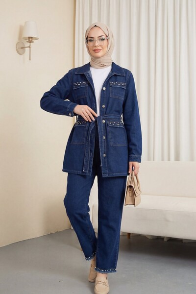 Modamorfo Σετ Τζιν Παντελόνι και Μπουφάν με Πέτρινη Λεπτομέρεια - Ναυτικό