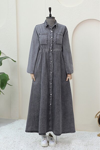 Modamorfo Τζιν φόρεμα με ελαστική μέση και πλαϊνές τσέπες - καπνιστό