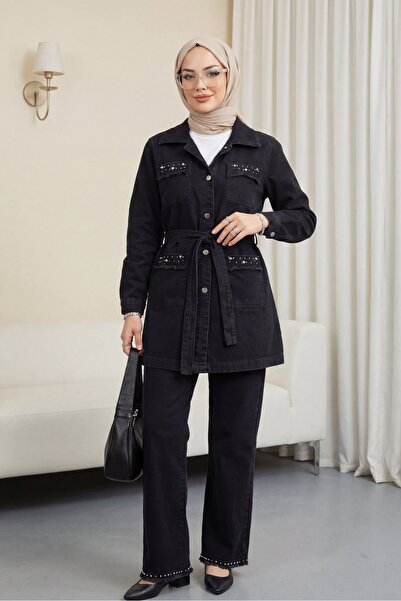 Modamorfo Σετ Τζιν Παντελόνι και Μπουφάν με Πέτρινη Λεπτομέρεια - Μαύρο