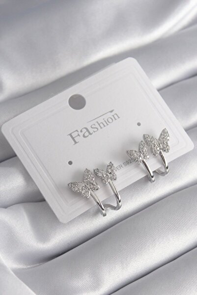 Skygo Brass Silver Color Zircon Stone Butterfly Model Women's Earrings - TJ-B...