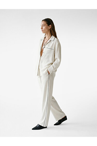 Koton Beli Με δέσιμο Με τσέπες Παντελόνι με φαρδιά μπατζάκια Ριγέ