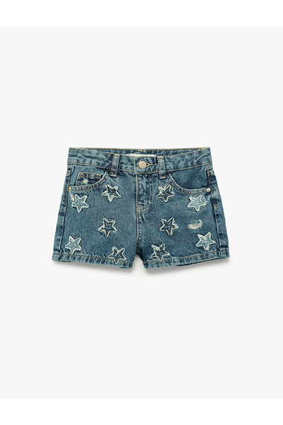 Koton Pamuklu Cepli Yıldız Desenli Denim Şort
